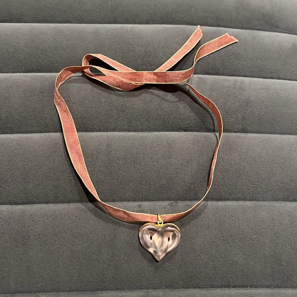 LALIQUE crystal entwined heart necklace pendant w/ silk ribbon choker pink gold - Picture 6 of 6